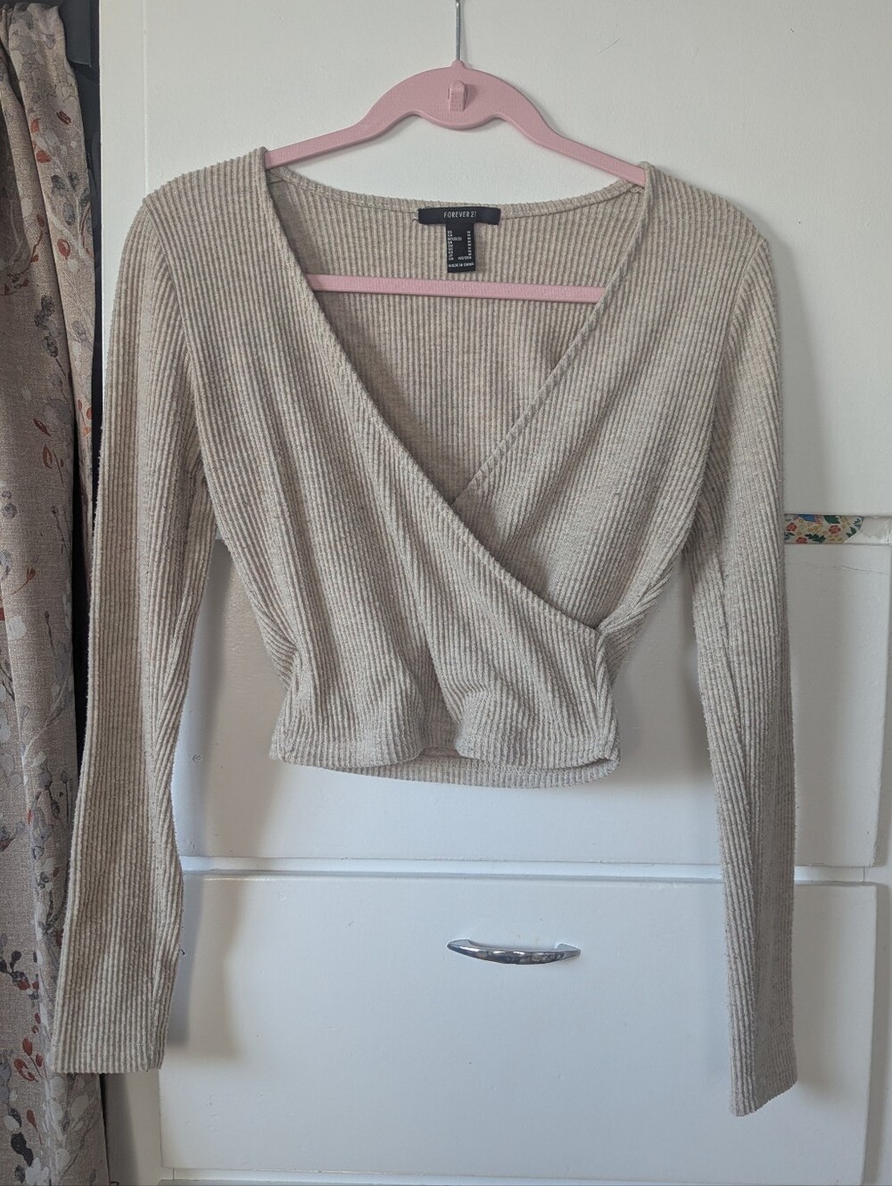 Forever 21 Neutral Ribbed Wrap Long Sleeve Crop Top